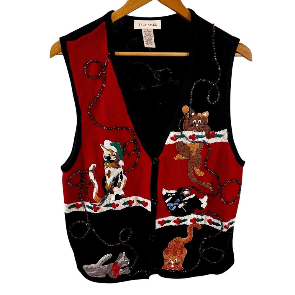 Vtg Christmas Cat Sweater Vest Sz L Beaded Embellished Novelty Holiday Bechamel